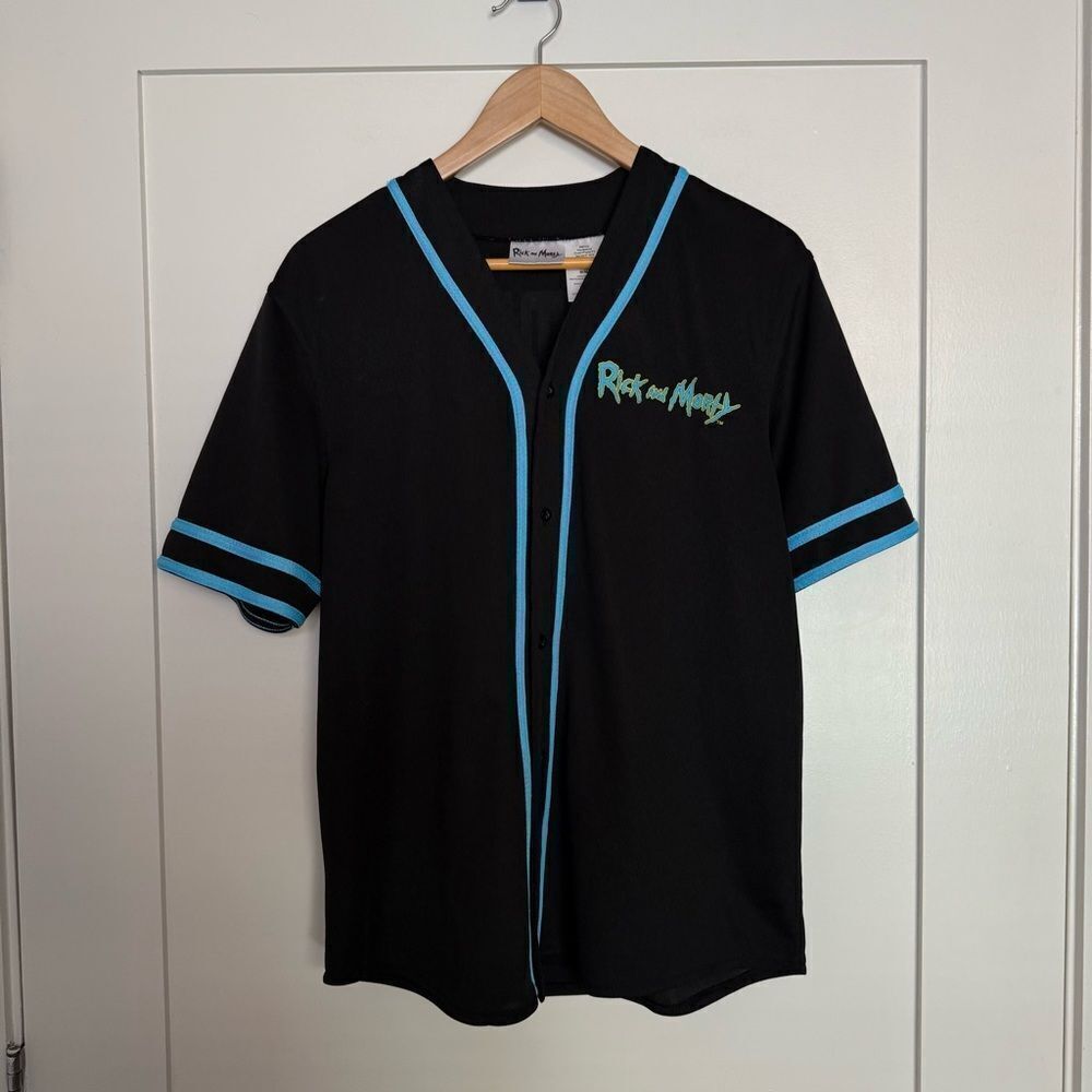 Rick and Morty Baseball Jersey Unisex Adult Sz M Black Button Up Short Sleeve